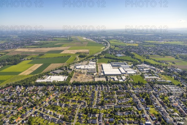 Aerial view, Schleefstraße industrial estate with construction site and new Bauhaus DIY store, Aplerbeck, Dortmund, Ruhr area, North Rhine-Westphalia, Germany, DE, Decathlon, Europe, commercial enterprises, commercial area, industrial estate, business park, commercial location, commercial use, industrial area, industrial location, aerial view, aerial photography, aerial photography, Medimax, overview, bird's eye view, birds-eyes view, overview