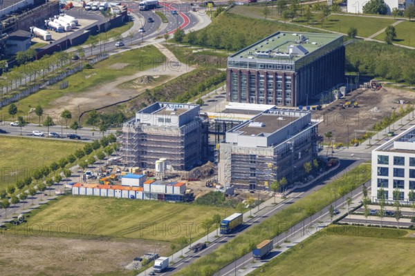 Aerial view, Phönix Arcaden office building and commercial building, Antonio-Segni-Straße, Phönix-West commercial area and recreation area, Hörde, Dortmund, Ruhr area, North Rhine-Westphalia, Germany, DE, Europe, commercial enterprises, commercial area, commercial location, commercial use, property tax, real estate, industrial area, industrial site, aerial view, aerial photography, aerial photography, phoenix lake, overview, bird's-eye view, residential area, housing and living, residential area, residential buildings, residential quality, residential neighbourhood, housing estate, birds-eyes view, former blast furnace plant, overview, Emscher, river Emscher