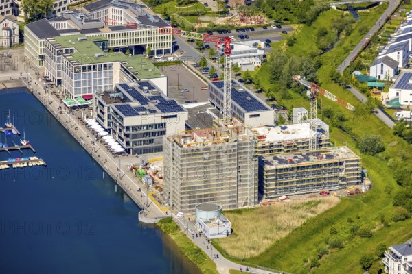 Aerial view, Phoenix Lake, construction site for a new retirement home, high-rise building H12, Hörde, Dortmund, Ruhr area, North Rhine-Westphalia, Germany, construction work, construction area, construction site, building plots, construction project, construction site, DE, Europe, property tax, harbour promenade, high-rise building* real estate, aerial view, aerial photography, aerial photography, new construction, Phoenix Lake, overview, bird's eye view, living and living, residential buildings, residential area, birds-eyes view, overview, Emscher, Emscher River