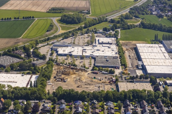 Aerial view, Schleefstraße industrial estate with construction site and new Bauhaus DIY store, Aplerbeck, Dortmund, Ruhr area, North Rhine-Westphalia, Germany, DE, Decathlon, Europe, commercial enterprises, commercial area, industrial estate, business park, commercial location, commercial use, industrial area, industrial location, aerial view, aerial photography, aerial photography, Medimax, overview, bird's eye view, birds-eyes view, overview