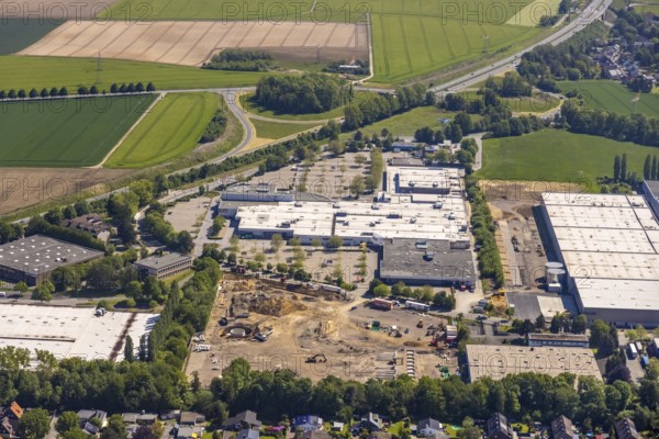 Aerial view, Schleefstraße industrial estate with construction site and new Bauhaus DIY store, Aplerbeck, Dortmund, Ruhr area, North Rhine-Westphalia, Germany, DE, Decathlon, Europe, commercial enterprises, commercial area, industrial estate, business park, commercial location, commercial use, industrial area, industrial location, aerial view, aerial photography, aerial photography, Medimax, overview, bird's eye view, birds-eyes view, overview