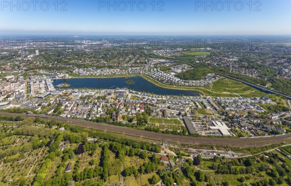 Aerial view, Phoenix Lake, Benninghofen, Dortmund, Ruhr area, North Rhine-Westphalia, Germany, DE, Europe, property tax, real estate, aerial photography, aerial photography, aerial photography, Phoenix Lake, overview, bird's eye view, residential complex, living and living, residential area, residential buildings, residential quality, residential neighbourhood, housing estate, birds-eyes view, overview, Emscher, Emscher River