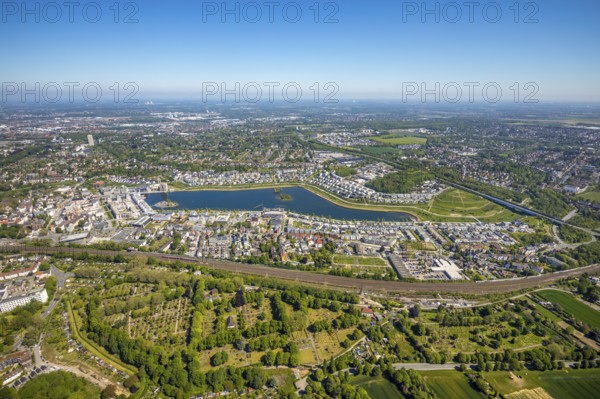 Aerial view, Phoenix Lake, Benninghofen, Dortmund, Ruhr area, North Rhine-Westphalia, Germany, DE, Europe, property tax, real estate, aerial photography, aerial photography, aerial photography, Phoenix Lake, overview, bird's eye view, residential complex, living and living, residential area, residential buildings, residential quality, residential neighbourhood, housing estate, birds-eyes view, overview, Emscher, Emscher River