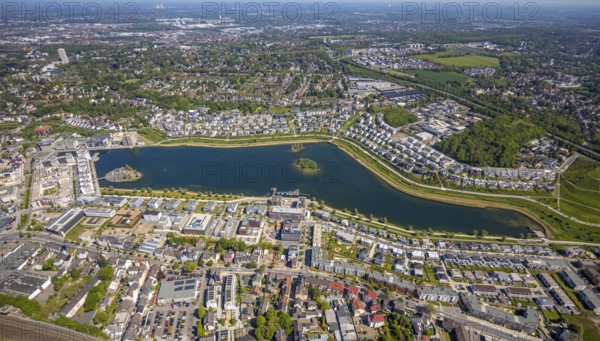 Aerial view, Phoenix Lake, Hörde, Dortmund, Ruhr area, North Rhine-Westphalia, Germany, DE, Europe, property tax, real estate, aerial photography, aerial photography, aerial photography, Phoenix Lake, overview, bird's eye view, residential complex, living and living, residential area, residential buildings, residential quality, residential neighbourhood, housing estate, birds-eyes view, overview, Emscher, Emscher River
