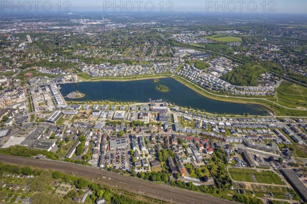 Aerial view, Phoenix Lake, Hörde, Dortmund, Ruhr area, North Rhine-Westphalia, Germany, DE, Europe, property tax, real estate, aerial photography, aerial photography, aerial photography, Phoenix Lake, overview, bird's eye view, residential complex, living and living, residential area, residential buildings, residential quality, residential neighbourhood, housing estate, birds-eyes view, overview, Emscher, Emscher River