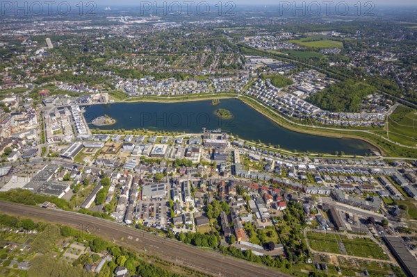 Aerial view, Phoenix Lake, Hörde, Dortmund, Ruhr area, North Rhine-Westphalia, Germany, DE, Europe, property tax, real estate, aerial photography, aerial photography, aerial photography, Phoenix Lake, overview, bird's eye view, residential complex, living and living, residential area, residential buildings, residential quality, residential neighbourhood, housing estate, birds-eyes view, overview, Emscher, Emscher River