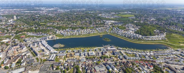Aerial view, Phoenix Lake, Hörde, Dortmund, Ruhr area, North Rhine-Westphalia, Germany, DE, Europe, property tax, real estate, aerial photography, aerial photography, aerial photography, Phoenix Lake, overview, bird's eye view, residential complex, living and living, residential area, residential buildings, residential quality, residential neighbourhood, housing estate, birds-eyes view, overview, Emscher, Emscher River