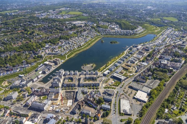 Aerial view, Phoenix Lake, Hörde, Dortmund, Ruhr area, North Rhine-Westphalia, Germany, DE, Europe, property tax, real estate, aerial photography, aerial photography, aerial photography, Phoenix Lake, overview, bird's eye view, residential complex, living and living, residential area, residential buildings, residential quality, residential neighbourhood, housing estate, birds-eyes view, overview, Emscher, Emscher River