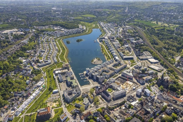 Aerial view, Phoenix Lake, Hörde, Dortmund, Ruhr area, North Rhine-Westphalia, Germany, DE, Europe, property tax, real estate, aerial photography, aerial photography, aerial photography, Phoenix Lake, overview, bird's eye view, residential complex, living and living, residential area, residential buildings, residential quality, residential neighbourhood, housing estate, birds-eyes view, overview, Emscher, Emscher River