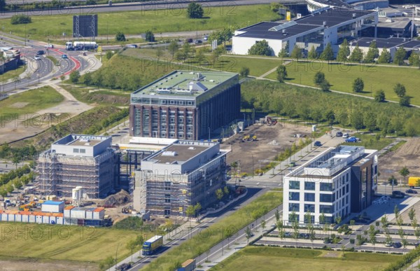 Aerial view, Phönix Arcaden office building and commercial building, Antonio-Segni-Straße, Phönix-West commercial area and recreation area, Hörde, Dortmund, Ruhr area, North Rhine-Westphalia, Germany, DE, Europe, commercial enterprises, commercial area, commercial location, commercial use, property tax, real estate, industrial area, industrial site, aerial view, aerial photography, aerial photography, phoenix lake, overview, bird's-eye view, residential area, housing and living, residential area, residential buildings, residential quality, residential neighbourhood, housing estate, birds-eyes view, former blast furnace plant, overview, Emscher, river Emscher