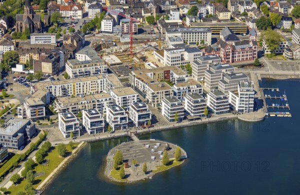 Aerial view, Phoenix Lake, cultural island with Thomas converter, Hörde, Dortmund, Ruhr area, North Rhine-Westphalia, Germany, DE, Europe, property tax, real estate, industrial monument, aerial view, aerial photography, aerial photography, Phoenix Lake, Thomas pear, overview, bird's eye view, residential area, living and living, residential area, residential buildings, quality of life, residential neighbourhood, housing estate, bird's eye view, overview, Emscher, river Emscher