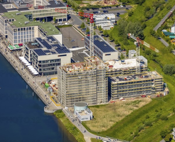 Aerial view, Phoenix Lake, construction site for a new retirement home, high-rise building H12, Hörde, Dortmund, Ruhr area, North Rhine-Westphalia, Germany, construction work, construction area, construction site, building plots, construction project, construction site, DE, Europe, property tax, harbour promenade, high-rise building* real estate, aerial view, aerial photography, aerial photography, new construction, Phoenix Lake, overview, bird's eye view, living and living, residential buildings, residential area, birds-eyes view, overview, Emscher, Emscher River