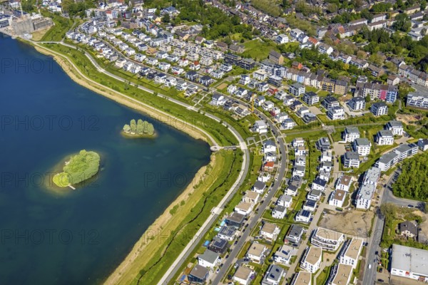 Aerial view, Phoenix Lake, Hörde, Dortmund, Ruhr area, North Rhine-Westphalia, Germany, DE, Europe, property tax, real estate, aerial photography, aerial photography, aerial photography, Phoenix Lake, overview, bird's eye view, residential complex, living and living, residential area, residential buildings, residential quality, residential neighbourhood, housing estate, birds-eyes view, overview, Emscher, Emscher River