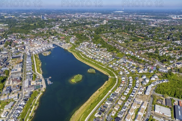 Aerial view, Phoenix Lake, Hörde, Dortmund, Ruhr area, North Rhine-Westphalia, Germany, DE, Europe, property tax, real estate, aerial photography, aerial photography, aerial photography, Phoenix Lake, overview, bird's eye view, residential complex, living and living, residential area, residential buildings, residential quality, residential neighbourhood, housing estate, birds-eyes view, overview, Emscher, Emscher River