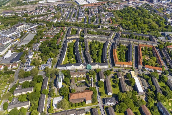 Aerial view, residential area with house facade renovation Neuer Graben and Althoffstraße in Kreuzviertel, Althoffbau, perimeter block development, green inner courtyards, Westfalenhalle, Dortmund, Ruhr area, North Rhine-Westphalia, Germany, construction work, DE, Europe, property tax, real estate, aerial view, aerial photography, aerial photography, renovation, refurbishment, overview, bird's eye view, residential complex, living and living, residential area, residential buildings, residential quality, residential neighbourhood, housing estate, birds-eyes view, overview