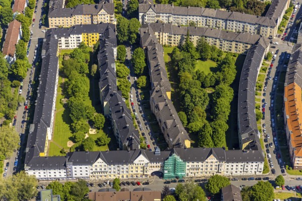 Aerial view, residential area with house facade renovation Neuer Graben and Althoffstraße in Kreuzviertel, green courtyards, Westfalenhalle, Dortmund, Ruhr area, North Rhine-Westphalia, Germany, construction work, DE, Europe, property tax, real estate, aerial view, aerial photography, aerial photography, renovation, refurbishment, overview, bird's eye view, residential complex, living and living, residential area, residential buildings, residential quality, residential neighbourhood, housing estate, birds-eyes view, overview