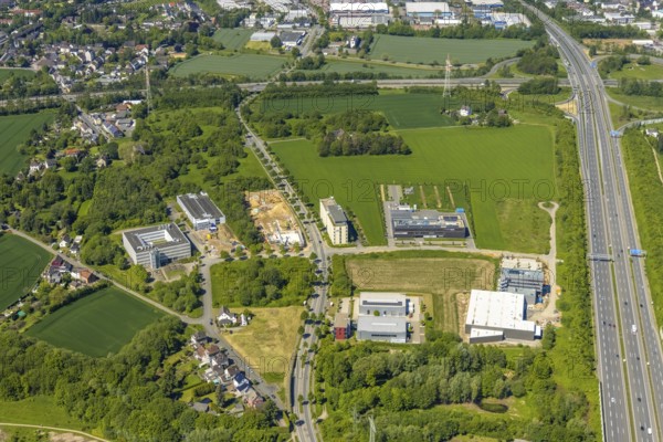 Aerial view, construction site and new construction office quarter Sebrathweg, Eichlinghofen, Dortmund, Ruhr area, North Rhine-Westphalia, Germany, construction work, construction, construction area, construction site, construction site, construction measure, row of trees, construction project, construction site, DE, Europe, commercial enterprises, commercial area, commercial location, commercial use, industrial area, industrial location, aerial view, aerial photography, aerial photography, new construction, overview, Verizon Germany, bird's eye view, birds-eyes view, overview