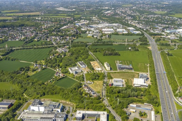 Aerial view, construction site and new construction office quarter Sebrathweg, Eichlinghofen, Dortmund, Ruhr area, North Rhine-Westphalia, Germany, construction work, construction, construction area, construction site, construction site, construction measure, row of trees, construction project, construction site, DE, Europe, commercial enterprises, commercial area, commercial location, commercial use, industrial area, industrial location, aerial view, aerial photography, aerial photography, new construction, overview, Verizon Germany, bird's eye view, birds-eyes view, overview