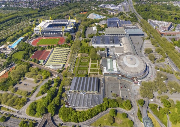Aerial view, Signal Iduna Park Bundesliga stadium BVB Borussia Dortmund, Westfalenhallen, Ruhrallee, Dortmund, Ruhr area, North Rhine-Westphalia, Germany, arena, BVB Borussia Dortmund, Bundesliga stadium, DE, Europe, football pitch, football stadium, football club, BVB home ground, culture, art, aerial photography, aerial photography, aerial photography, Signal Iduna Park stadium, sports, sports facilities, sports ground, sports venue, stadium, overview, events, venue, event centre, bird's-eye view, birds-eyes view, cultural use, overview