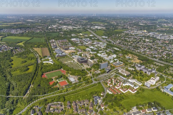Aerial view, Dortmund University of Technology and Technology Park, construction site and new construction of chemistry practical building, Eichlinghofen, Dortmund, Ruhr area, North Rhine-Westphalia, Germany, construction work, construction, construction area, construction site, building plots, construction project, construction site, Campus North, DE, Europe, football pitch, university, aerial view, aerial photography, aerial photography, new construction, Otto-cock-Straße, sports, sports facilities, sports facility, TU Dortmund, Dortmund University of Technology, technology centre, overview, university, bird's eye view, bird's eye view, overview