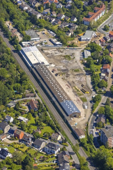 Aerial view, construction site of the old Schreck-Mieves switch factory for a new residential quarter, Krückenweg corner An der Witwe, Barop, Dortmund, Ruhr area, North Rhine-Westphalia, Germany, railway tracks, construction work, construction area, building site, building plots, construction project, construction site, DE, Europe, aerial view, aerial photography, aerial photography, overview, bird's-eye view, residential quarter, birds-eyes view, overview