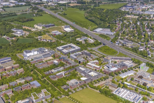 Aerial view, Dortmund Technology Park, construction site and new building, Sebrathweg office quarter, A40 motorway, Oespel, Dortmund, Ruhr area, North Rhine-Westphalia, Germany, construction work, construction area, construction site, building plots, construction project, construction site, DE, Emil-Figge-Straße, Europe, commercial enterprises, commercial area, commercial area, commercial site, commercial use, university, industrial area, industrial site, aerial view, aerial photography, aerial photography, new building, TU Dortmund, Dortmund University of Technology, technology centre, overview, bird's-eye view, birds-eyes view, overview