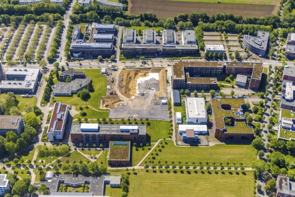 Aerial view, Dortmund University of Technology, construction site of new refrigeration plant in Dortmund Technology Park, Otto-cock-Straße, Eichlinghofen, Dortmund, Ruhr area, North Rhine-Westphalia, Germany