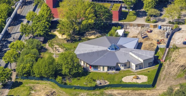 Aerial view, HoKiDo day-care centre at the Technical University of Dortmund, Eichlinghofen, Dortmund, Ruhr area, North Rhine-Westphalia, Germany, construction work, construction area, construction site, building site, construction measure, construction site, Campus Nord, DE, Emil-Figge-Straße, Europe, family centre, university, kindergarten, day-care centre, day-care centre, aerial photograph, aerial photography, aerial photography, Otto-cock-Straße, TU Dortmund, Technical University of Dortmund, technology centre, overview, university, bird's-eye view, overview