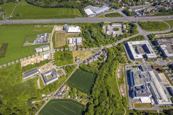 Aerial view, Dortmund Technology Park, construction site and new building, Sebrathweg office quarter, A40 motorway, Oespel, Dortmund, Ruhr area, North Rhine-Westphalia, Germany, construction work, construction area, construction site, building plots, construction project, construction site, DE, Emil-Figge-Straße, Europe, commercial enterprises, commercial area, commercial area, commercial site, commercial use, university, industrial area, industrial site, aerial view, aerial photography, aerial photography, new building, TU Dortmund, Dortmund University of Technology, technology centre, overview, bird's-eye view, birds-eyes view, overview