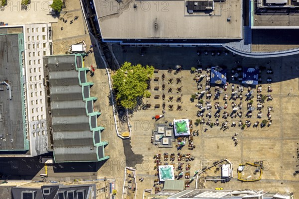 Aerial view, outdoor gastronomy Alter Markt with brass fountain, city, Dortmund, Ruhr area, North Rhine-Westphalia, Germany, outdoor gastronomy, fountain, DE, Europe, shapes and colours, gastronomy, aerial view, aerial photography, aerial photography, tables and chairs, overview, bird's-eye view, overview