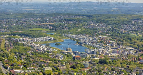 Aerial view, Phoenix Lake, Ruhrallee, Dortmund, Ruhr area, North Rhine-Westphalia, Germany, DE, Europe, distant view, property tax, real estate, aerial view, aerial photography, aerial photography, Phoenix Lake, overview, bird's-eye view, residential estate, living and living, residential area, residential buildings, quality of living, residential neighbourhood, housing estate, birds-eyes view, overview