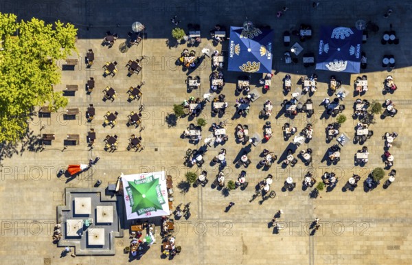 Aerial view, outdoor gastronomy Alter Markt with brass fountain, city, Dortmund, Ruhr area, North Rhine-Westphalia, Germany, outdoor gastronomy, fountain, DE, Europe, shapes and colours, gastronomy, aerial view, aerial photography, aerial photography, tables and chairs, overview, bird's-eye view, overview