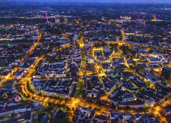 Aerial view, Wallring, Ostwall, city centre view, city, Dortmund, Ruhr area, North Rhine-Westphalia, Germany, place of worship, federal road B54, DE, twilight photography, Europe, Florian tower, religious community, place of worship, holy place, church, parish, denomination, light pollution, aerial view, aerial photography, aerial photography, night, night shot, night flight, Reinoldikirche, religion, religious site, overview, bird's eye view, illuminated streets, birds-eyes view, nightflight, overview