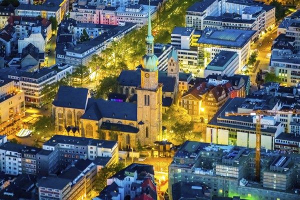Aerial view, evang. Reinoldikirche, Evang. Stadtkirche St. Marien, City, Dortmund, Ruhr area, North Rhine-Westphalia, Germany, place of worship, DE, twilight photography, Europe, religious community, place of worship, holy place, church, parish, denomination, light pollution, aerial view, aerial photography, aerial photography, night, night shot, night flight, religion, religious site, St. Reinoldi Church, overview, bird's-eye view, illuminated streets, birds-eyes view, nightflight, overview