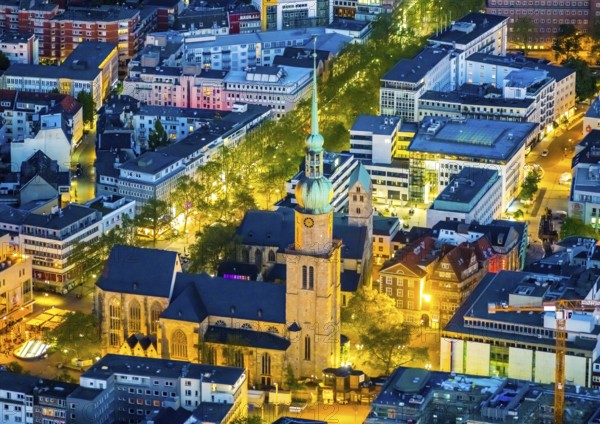 Aerial view, evang. Reinoldikirche, Evang. Stadtkirche St. Marien, City, Dortmund, Ruhr area, North Rhine-Westphalia, Germany, place of worship, DE, twilight photography, Europe, religious community, place of worship, holy place, church, parish, denomination, light pollution, aerial view, aerial photography, aerial photography, night, night shot, night flight, religion, religious site, St. Reinoldi Church, overview, bird's-eye view, illuminated streets, birds-eyes view, nightflight, overview