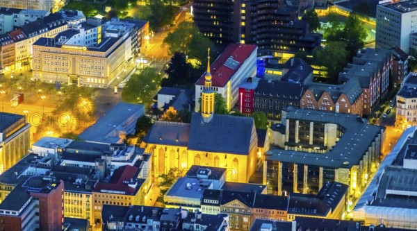 Aerial view, Probsteikirche St. Johannes Baptist, City, Dortmund, Ruhr area, North Rhine-Westphalia, Germany, place of worship, DE, twilight photography, Europe, religious community, place of worship, holy place, church, parish, denomination, light pollution, aerial view, aerial photography, aerial photography, night, night photography, night flight, religion, religious site, overview, bird's eye view, illuminated streets, birds-eyes view, nightflight, overview