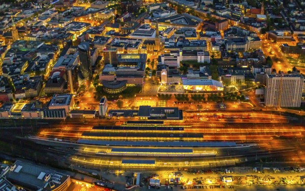 Aerial view, Dortmund main station and city centre, Harenberg City-Center, RWE Tower, German Football Museum, City, Dortmund, Ruhr area, North Rhine-Westphalia, Germany, railway station, station forecourt, DE, Deutsche Bahn AG, twilight photography, Europe, football, HCC Dortmund, Harenberg Kommunikation Verlags- u. Medien GmbH, central station, main station, light pollution, aerial view, aerial photography, aerial photography, museum, night, night shot, night flight, Dortmund City and State Library, overview, bird's-eye view, illuminated streets, birds-eyes view, nightflight, overview
