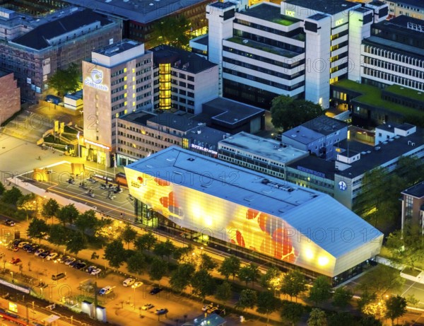 Aerial photo, German Football Museum, city, Dortmund, Ruhr area, North Rhine-Westphalia, Germany, DE, twilight photography, Europe, football, light pollution, aerial photography, aerial photography, aerial photography, museum, night, night photography, night flight, overview, bird's eye view, illuminated streets, birds-eyes view, nightflight, overview
