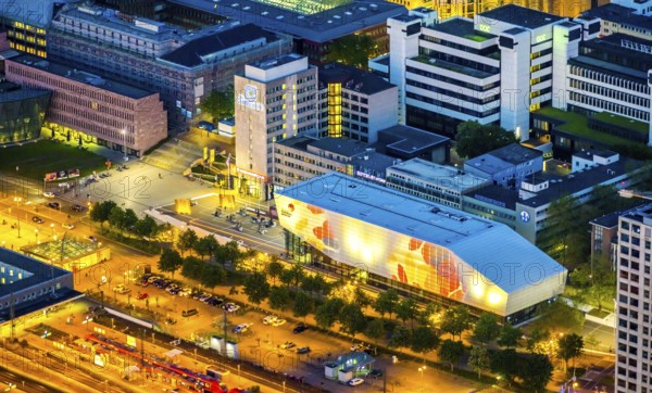 Aerial photo, German Football Museum, city, Dortmund, Ruhr area, North Rhine-Westphalia, Germany, DE, twilight photography, Europe, football, light pollution, aerial photography, aerial photography, aerial photography, museum, night, night photography, night flight, overview, bird's eye view, illuminated streets, birds-eyes view, nightflight, overview