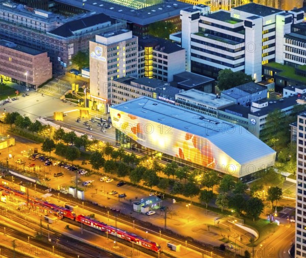 Aerial photo, German Football Museum, city, Dortmund, Ruhr area, North Rhine-Westphalia, Germany, DE, twilight photography, Europe, football, light pollution, aerial photography, aerial photography, aerial photography, museum, night, night photography, night flight, overview, bird's eye view, illuminated streets, birds-eyes view, nightflight, overview