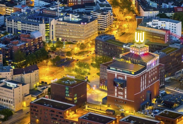 Aerial view, Dortmunder U-Turm, Dorstfelder Brücke, Dortmund, Ruhr area, North Rhine-Westphalia, Germany, DE, Dortmunder U Centre for Art and Creativity, twilight photography, Europe, culture, art, light pollution, aerial photography, aerial photography, night, night photography, night flight, overview, events, venue, event location, event centre, bird's-eye view, illuminated streets, birds-eyes view, cultural use, nightflight, overview