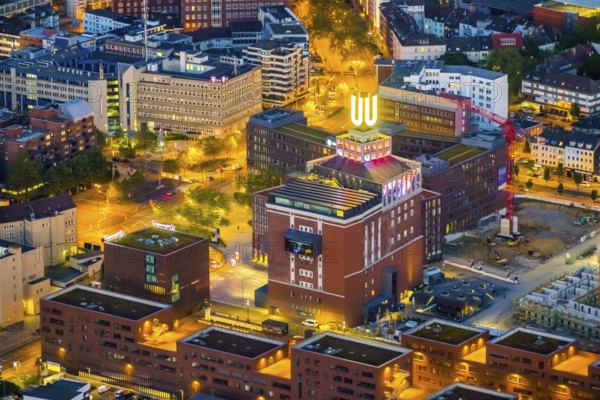 Aerial view, Dortmunder U-Turm, Dorstfelder Brücke, Dortmund, Ruhr area, North Rhine-Westphalia, Germany, DE, Dortmunder U Centre for Art and Creativity, twilight photography, Europe, culture, art, light pollution, aerial photography, aerial photography, night, night photography, night flight, overview, events, venue, event location, event centre, bird's-eye view, illuminated streets, birds-eyes view, cultural use, nightflight, overview