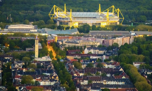 Aerial photography, Signal Iduna Park Bundesliga stadium BVB Borussia Dortmund, Westfalenhalle, Dortmund, Ruhr area, North Rhine-Westphalia, Germany, arena, BVB Borussia Dortmund, Bundesliga stadium, DE, twilight photography, Europe, football pitch, football stadium, football club, home ground BVB, light pollution, aerial photography, aerial photography, night, night shot, night flight, Signal Iduna Park stadium, sports, sports facilities, sports field, sports venue, stadium, Strobelallee, overview, bird's-eye view, illuminated streets, birds-eyes view, nightflight, overview