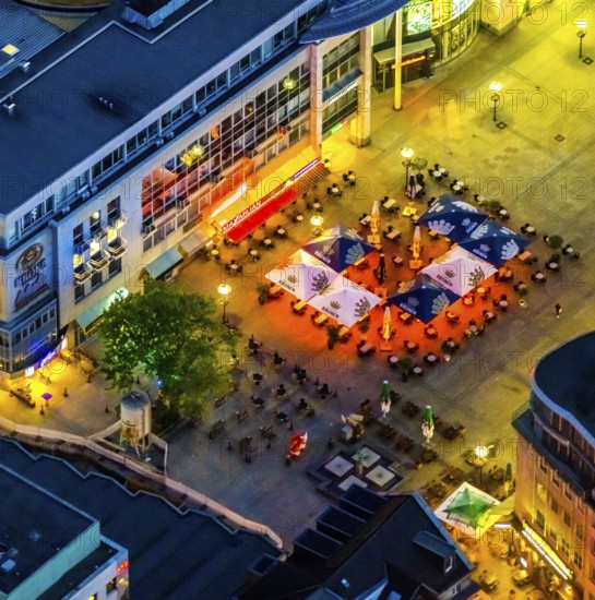 Aerial view, outdoor catering Alter Markt and Bläserbrunnen, City, Dortmund, Ruhr area, North Rhine-Westphalia, Germany, outdoor catering, DE, twilight photography, Europe, gastronomy, light pollution, aerial view, aerial photography, aerial photography, night, night photography, night flight, overview, bird's eye view, illuminated streets, birds-eyes view, nightflight, overview