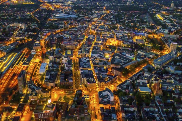 Aerial view, Dortmund main station and city centre, Harenberg City-Center, RWE Tower, German Football Museum, City, Dortmund, Ruhr area, North Rhine-Westphalia, Germany, railway station, station forecourt, DE, Deutsche Bahn AG, twilight photography, Europe, football, HCC Dortmund, Harenberg Kommunikation Verlags- u. Medien GmbH, central station, main station, light pollution, aerial view, aerial photography, aerial photography, museum, night, night shot, night flight, Dortmund City and State Library, overview, bird's-eye view, illuminated streets, birds-eyes view, nightflight, overview