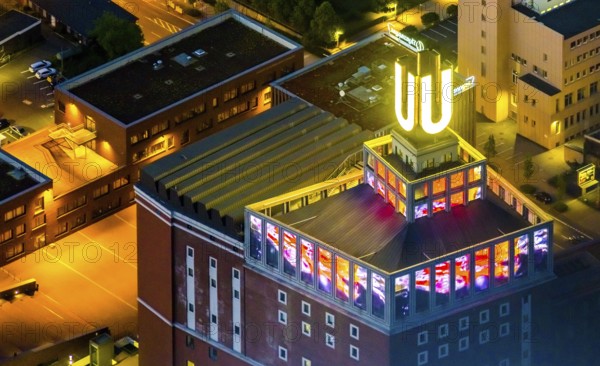 Aerial view, Dortmunder U-Turm, Dorstfelder Brücke, Dortmund, Ruhr area, North Rhine-Westphalia, Germany, DE, Dortmunder U Centre for Art and Creativity, twilight photography, Europe, culture, art, light pollution, aerial photography, aerial photography, night, night photography, night flight, overview, events, venue, event location, event centre, bird's-eye view, illuminated streets, birds-eyes view, cultural use, nightflight, overview