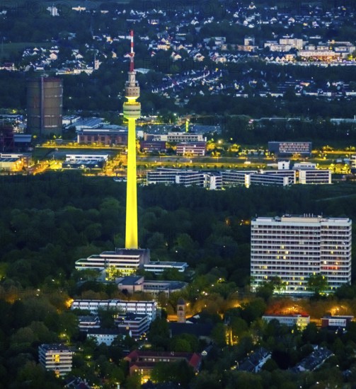 Aerial photo, Florian Tower in Westfalenpark, Ruhrallee, Dortmund, Ruhr area, North Rhine-Westphalia, Germany, DE, twilight photography, Europe, television tower, Florian Tower, landmark, light pollution, aerial photography, aerial photography, aerial photography, night, night photography, night flight, tower, overview, bird's eye view, landmark, illuminated streets, birds-eyes view, innogy SE, nightflight, overview