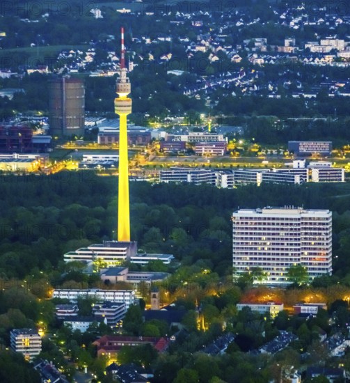 Aerial photo, Florian Tower in Westfalenpark, Ruhrallee, Dortmund, Ruhr area, North Rhine-Westphalia, Germany, DE, twilight photography, Europe, television tower, Florian Tower, landmark, light pollution, aerial photography, aerial photography, aerial photography, night, night photography, night flight, tower, overview, bird's eye view, landmark, illuminated streets, birds-eyes view, innogy SE, nightflight, overview