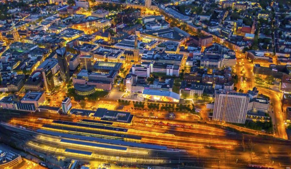 Aerial view, Dortmund main station and city centre, Harenberg City-Center, RWE Tower, German Football Museum, City, Dortmund, Ruhr area, North Rhine-Westphalia, Germany, railway station, station forecourt, DE, Deutsche Bahn AG, twilight photography, Europe, football, HCC Dortmund, Harenberg Kommunikation Verlags- u. Medien GmbH, central station, main station, light pollution, aerial view, aerial photography, aerial photography, museum, night, night shot, night flight, Dortmund City and State Library, overview, bird's-eye view, illuminated streets, birds-eyes view, nightflight, overview
