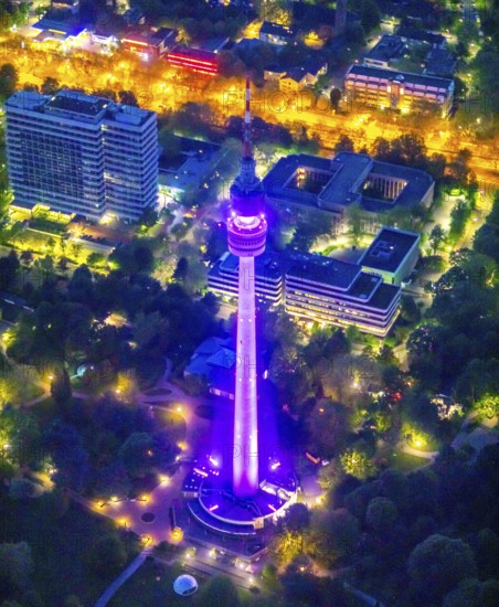 Aerial view, Florian Tower in Westfalenpark, Ruhrallee, Dortmund, Ruhr area, North Rhine-Westphalia, Germany, DE, twilight photography, Europe, television tower, Florian Tower, landmark, light pollution, aerial view, aerial photography, aerial photography, night, night shot, night flight, tower, overview, bird's eye view, landmark, illuminated streets, birds-eyes view, nightflight, overview